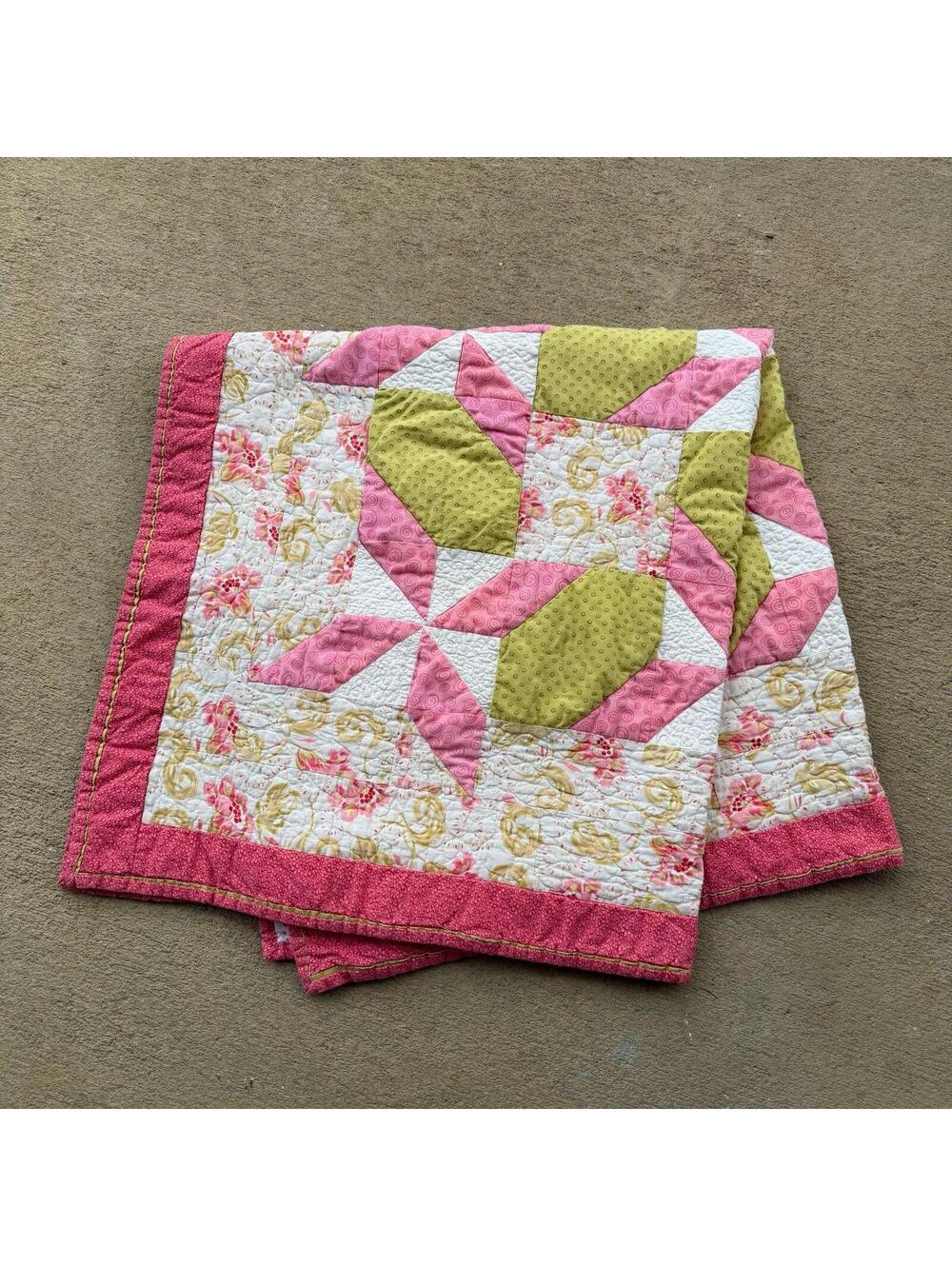 Handmade 42” Baby Quilt – Pink & Olive Star Patchwork – Floral Cotton